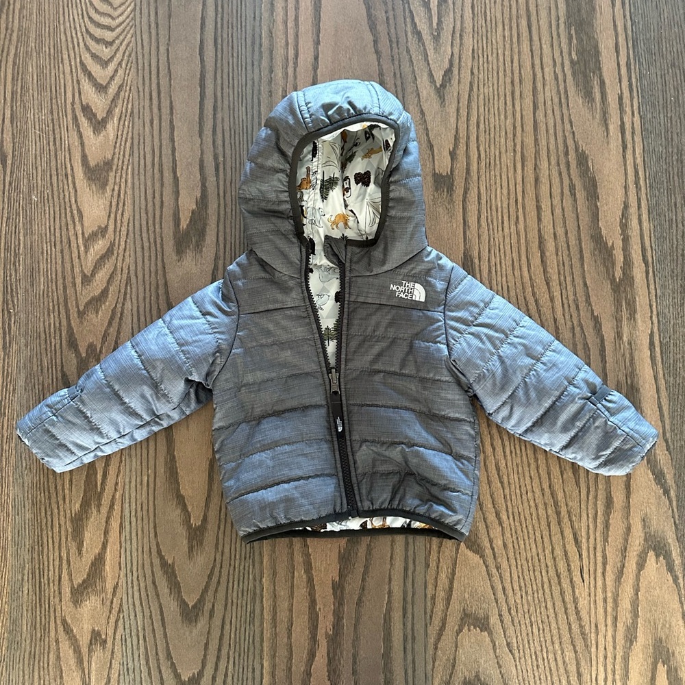 The North Face 12-18 m reverisble down coat gray